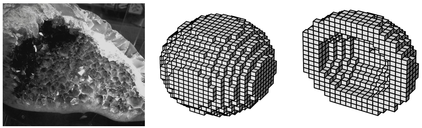 Figure 5 : l'intérieur d'une géode, sa représentation par voxels entière et en coupe
