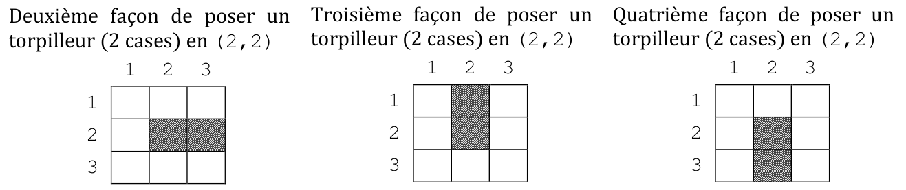 Deuxième, troisième et quatrième façons de poser un torpilleur en (2,2)
