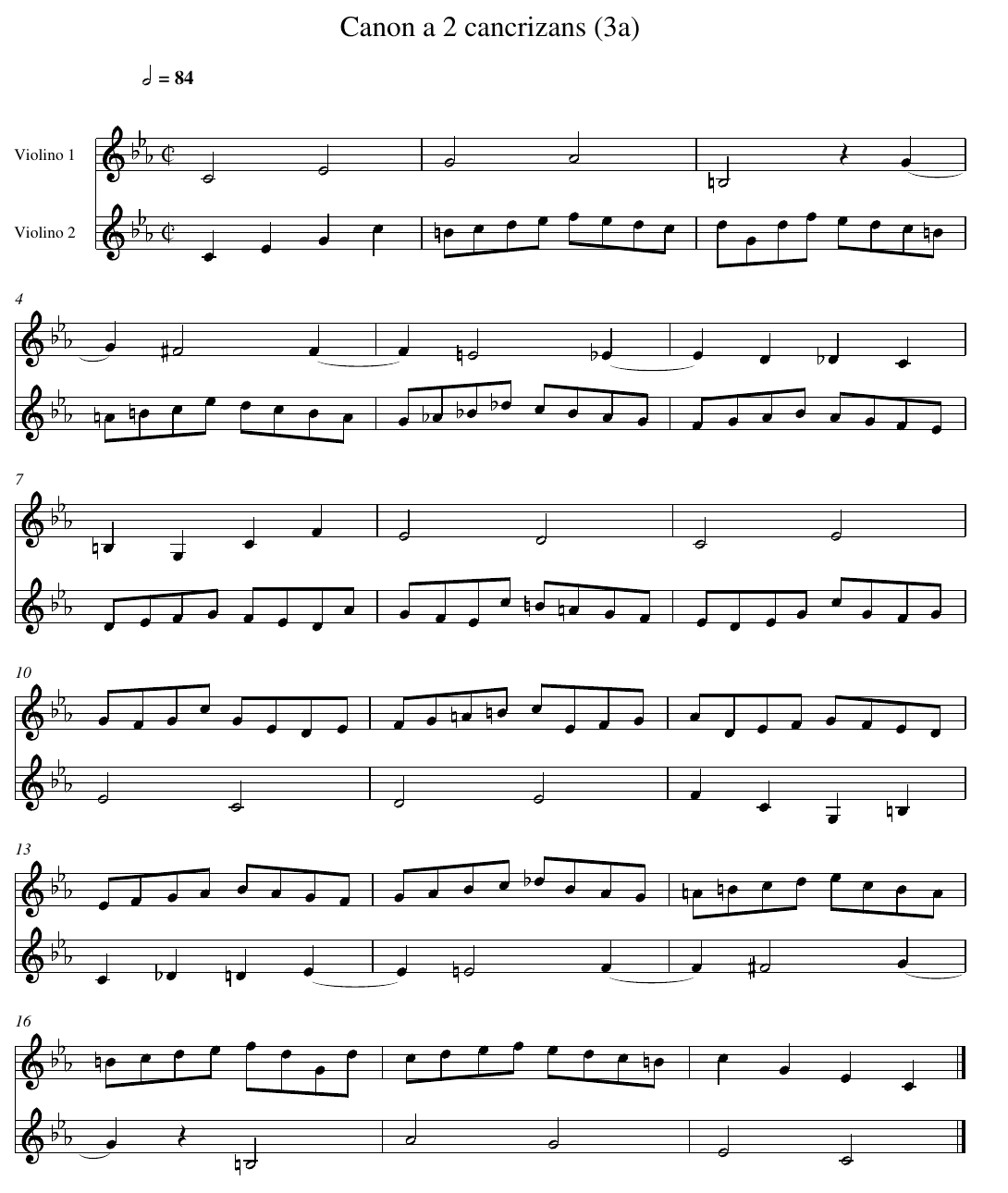 Partition du Canon a 2 cancrizans pour deux violons
